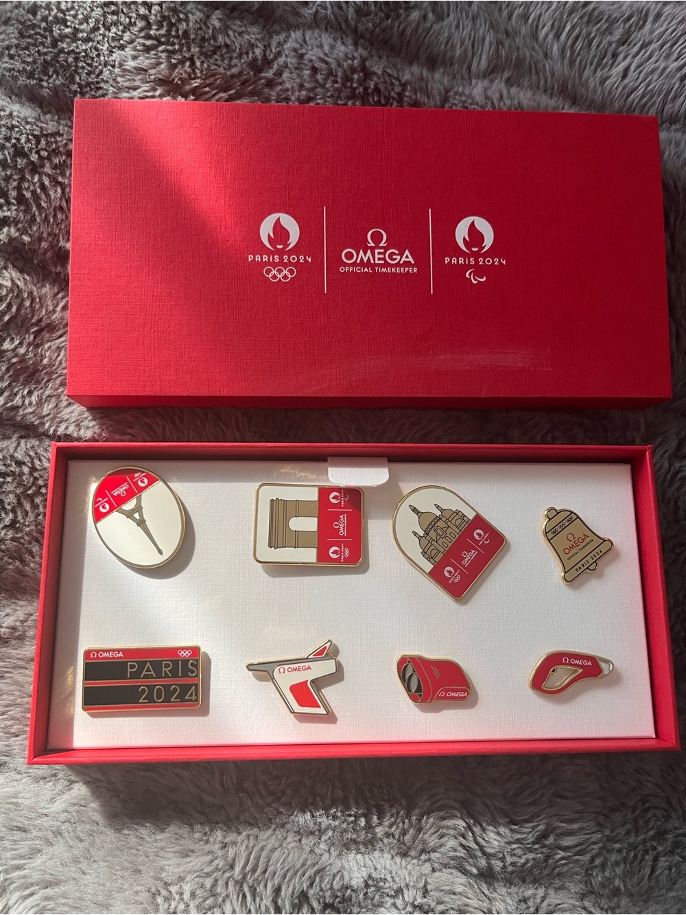 Omega Paris 2024 Red and Gold Enamel Pin Set